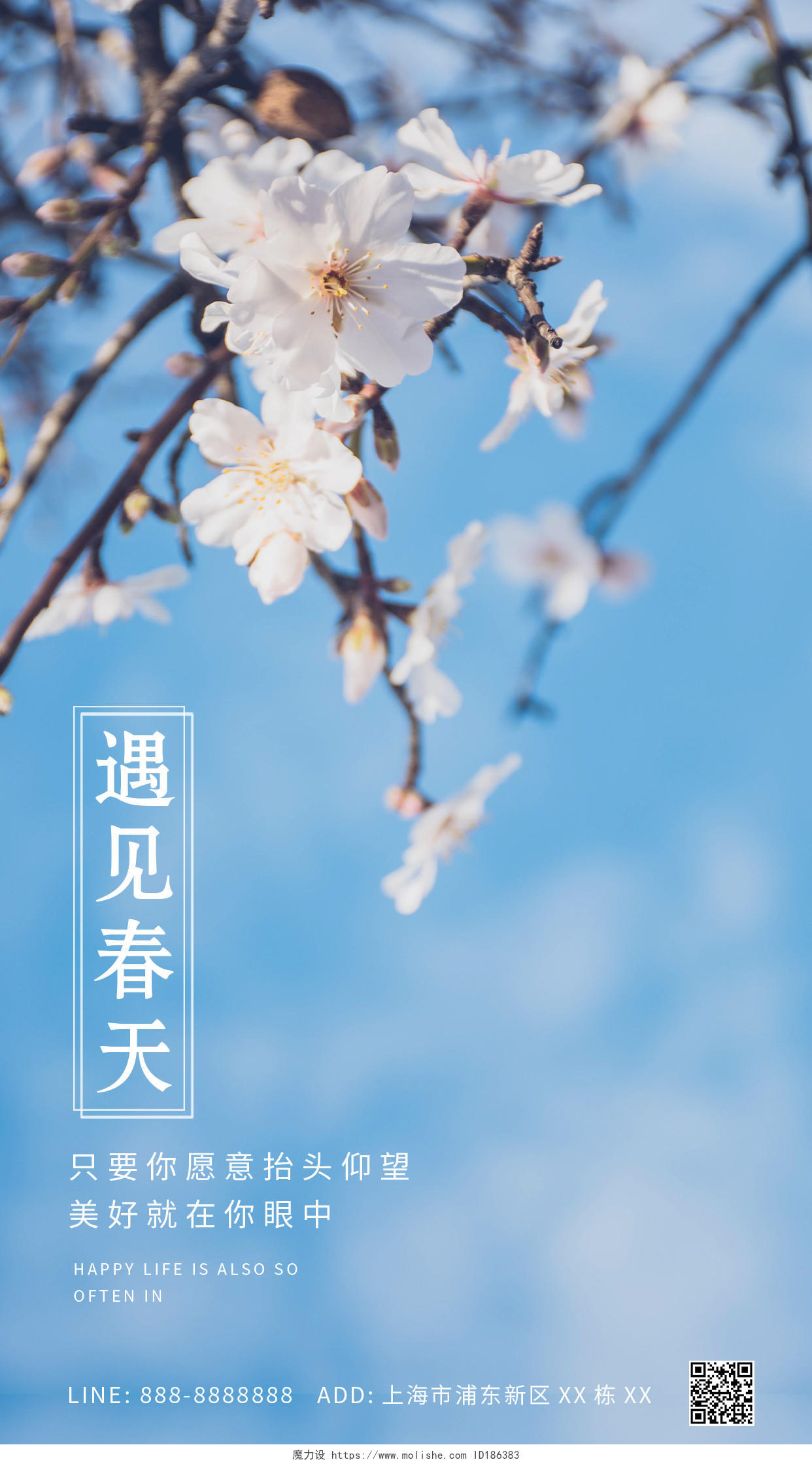 蓝色花盛开清新简约春天早安ui手机海报春季